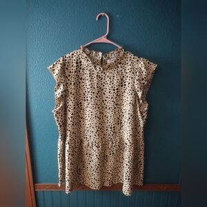 NEW Angashion Preppy Cheetah Print Ruffle Neck Cap Sleeves Babydoll Top